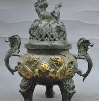 

old china bronze gilt dragon play bead foo dog lion beast incense burner Censer
