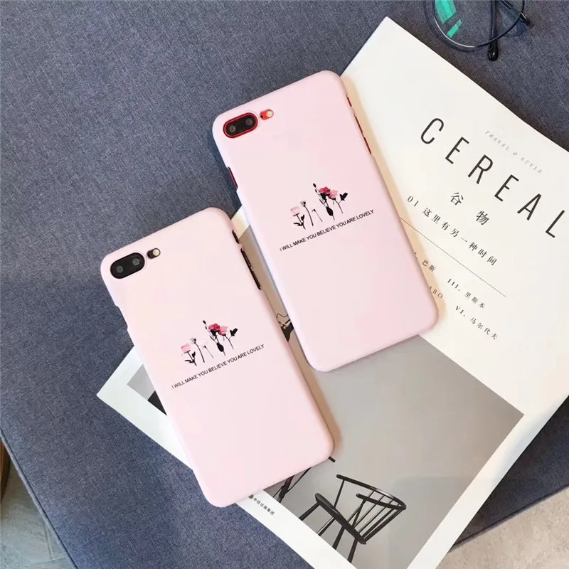 

Lovely Cartoon Flowers Phone Case For iphone 6 7 X Case Fashion Letter Print Couples Cases Hard PC Cover For iphone 6S 6 Plus