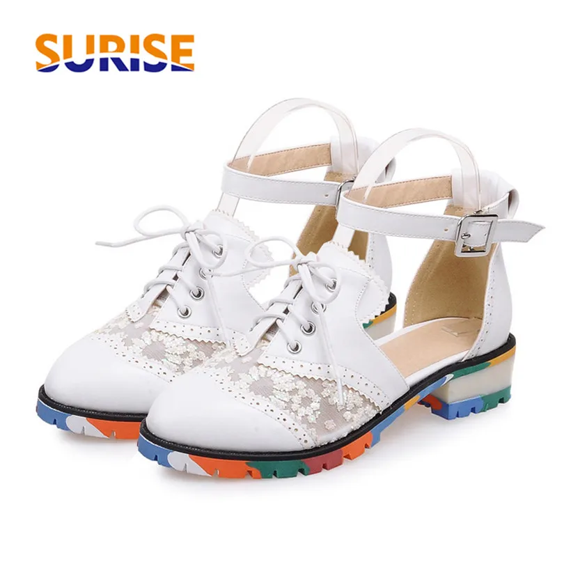 

Plus Big Summer Women Pumps Low Medium Heel Platform Round Toe Causal Party PU Leather Lace Sequin Mesh Ankle Strap Lady D'Orsay