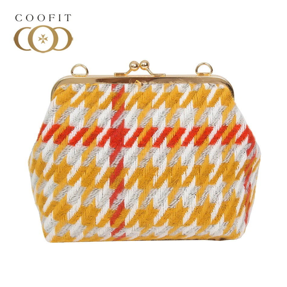 Coofit Hit Color Lattice Women Bag Retro Metal Clip Shell Bags Fashion Woolen Shoulder Crossbody Bag Small Daypack For Lady Girl