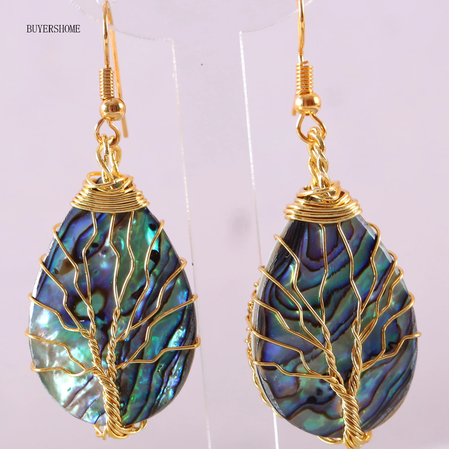 

Tree of Life Wire Wrap Gold Handmade Jewelry For Women Natural Water Drop Blue New Zealand Abalone Shell Earrings 1 Pair U053