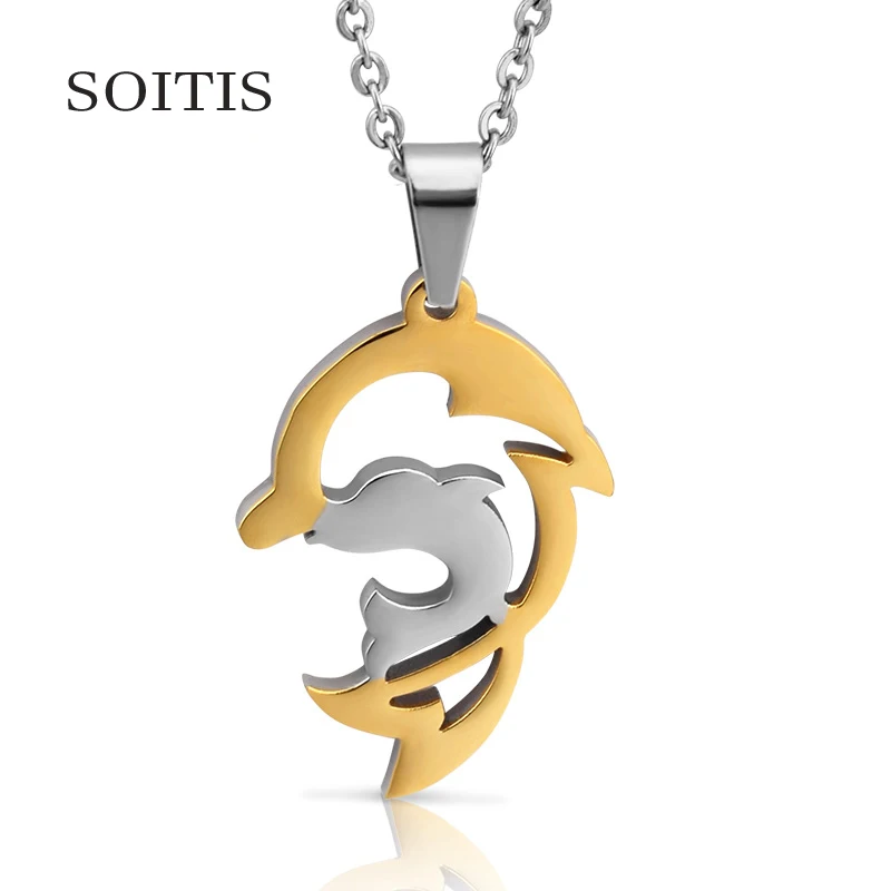 

SOITIS Fashion Elegant Women's Dolphin Necklace Sliver&Gold Pendants Charm Stainless Steel Cute Dolphin Pendants Chain