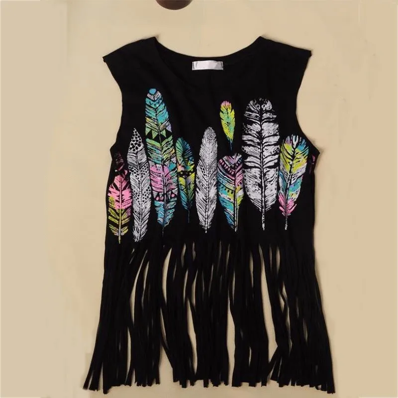 Feathers Printed Crop Top 2016 Sexy Summer Women Tassels Sleeveless Tank Casual Loose Black White Gray Vest Tops Camisole A168 2