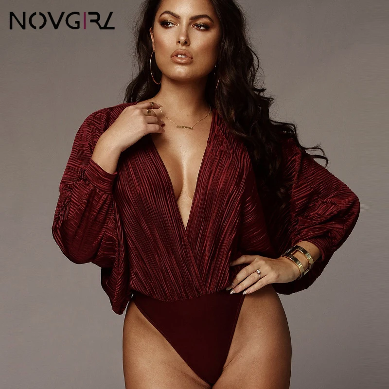 Novgirl Sexy Deep V Neck Long Sleeve Loose Women Jumpsuit 2019 Spring Autumn Patchwork Fashion Bodysuit Clubwear Casual Overalls black corset bodysuit