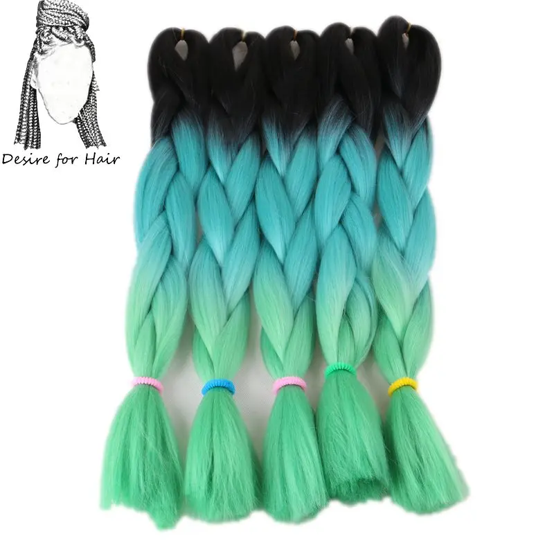 

Desire for hair 10packs per lot 24inch 100g heat resistant synthetic ombre jumbo braiding hair extensions 3 tone green color