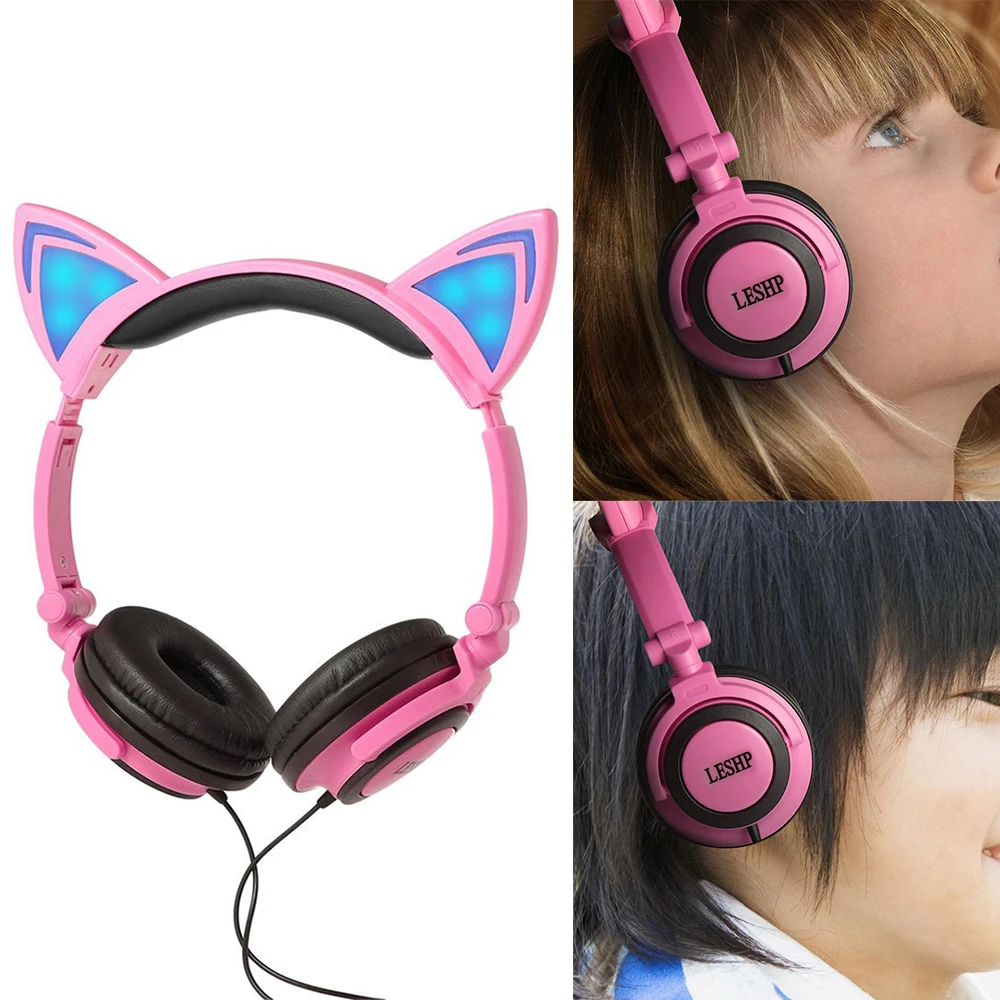 

Cartoon Cat Ear Shape Headphone with Glowing Lights Wired Headband Headphone for Mobile Phone PC Computer for Children