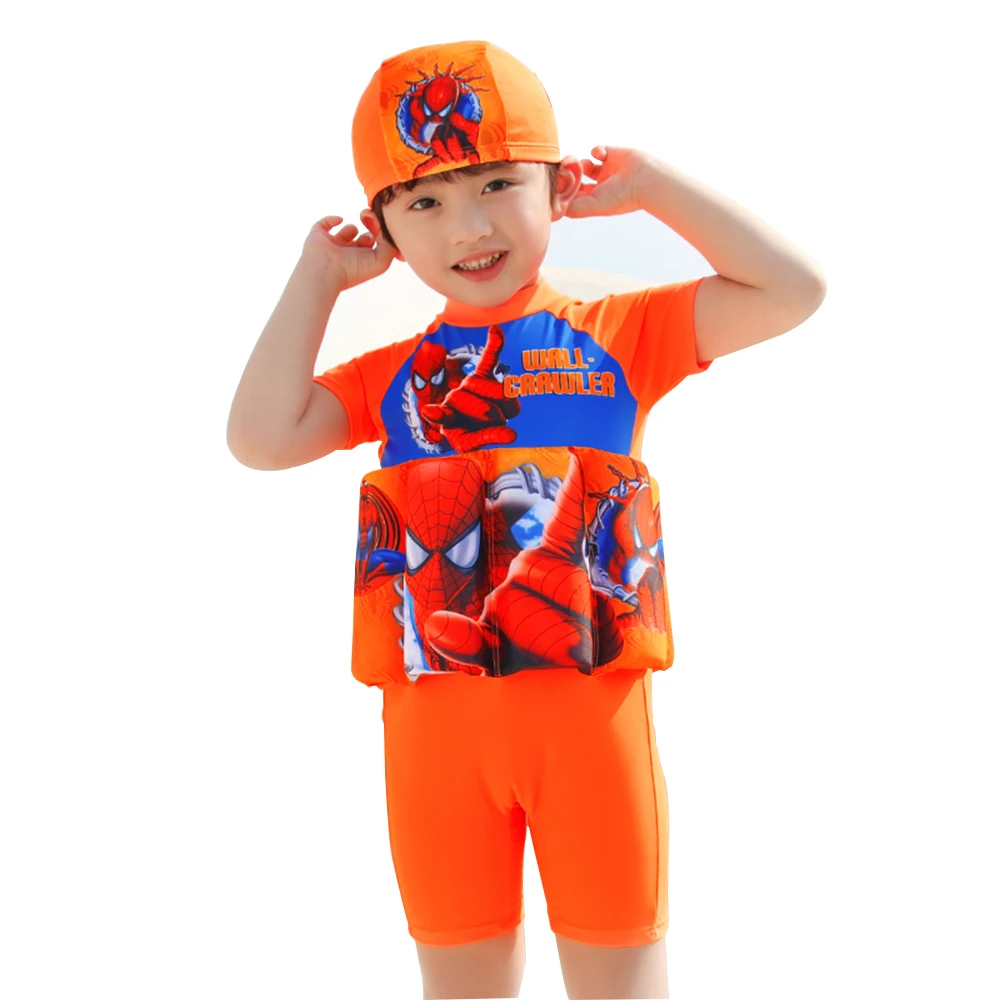 Купальный костюм-поплавок для маленьких девочек и мальчиков, цельный купальный костюм с шапочкой для плавания/шапочкой, Детский костюм на молнии с поплавком на спине, UPF50+ солнцезащитный костюм для детей - Цвет: 2924 Spiderman