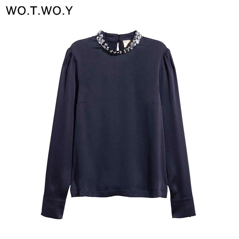 WOTWOY Sequins O-Neck Elegant Office Blouses Women Tops Long Sleeve Blouse Shirt Women Pink Chiffon Blouse 2018 Blusa Feminina