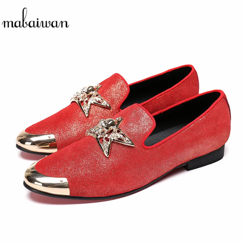 

Mabaiwan Fashion Gold Top Metal Toe Men Loafers Handmade Slipper Red Suede Loafers Wedding Dress Shoes Men Flats Free Shipping