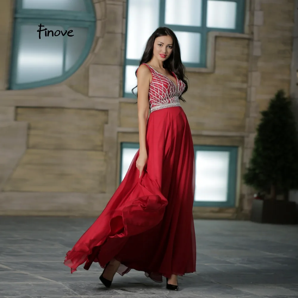 Finove потрясающее уникальное вечернее платье новые стили большой v-образным вырезом без рукавов с кристаллами и бисером длиной до пола Вечерние платья