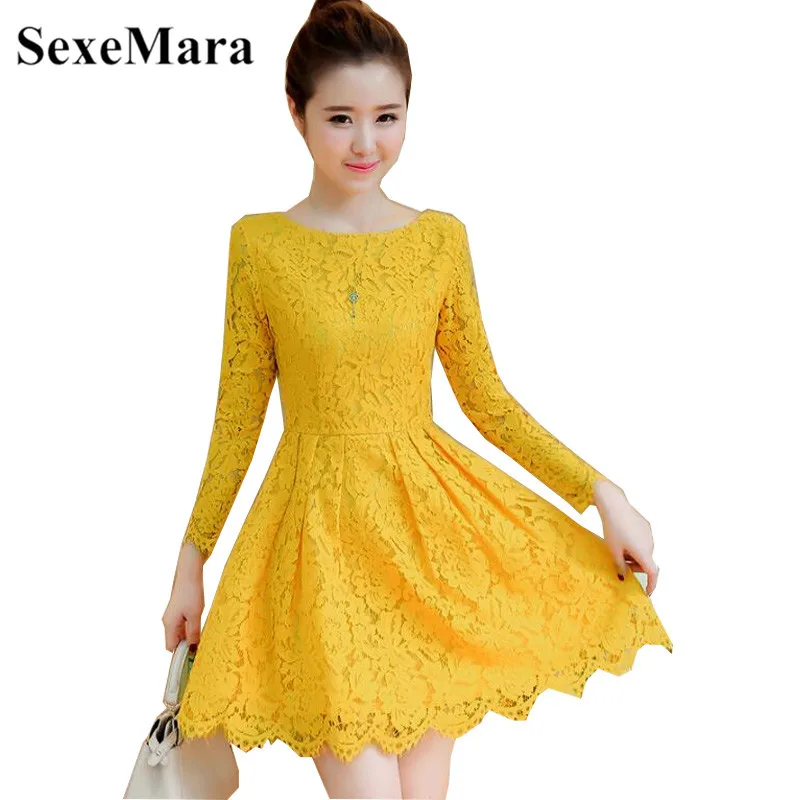 

Autumn Winter new vintage black sexy lace mini dress 2019 Korean women elegant pink short dress party yellow vestidos
