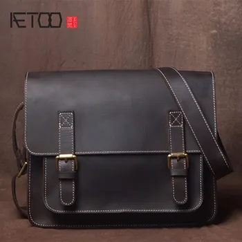 

AETOO Original head cowhide retro shoulder Messenger bag male hand mad horse skin postman casual school college style