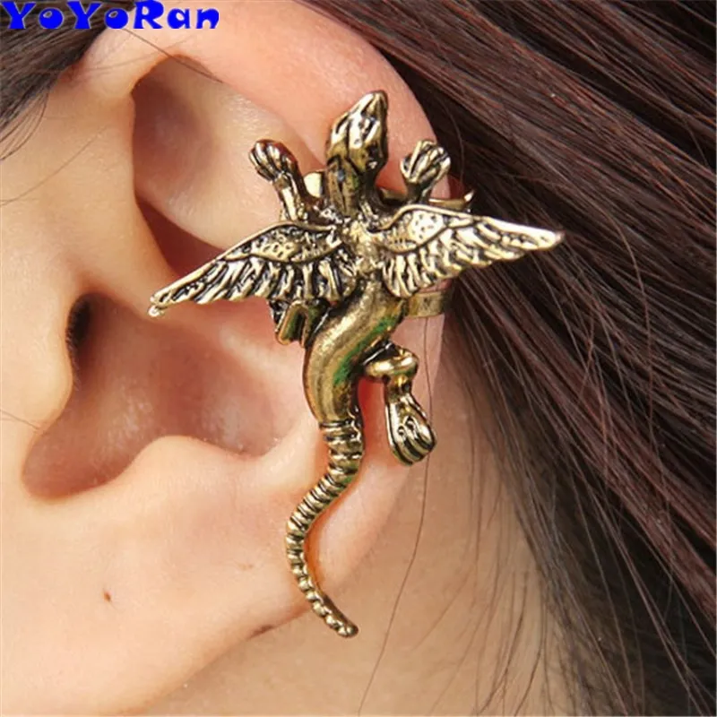 

YoYoRan 1pc Punk dragon wing clip earring ear cuff for man woman vintage metal punk animal lizard bird earring jewelry gift