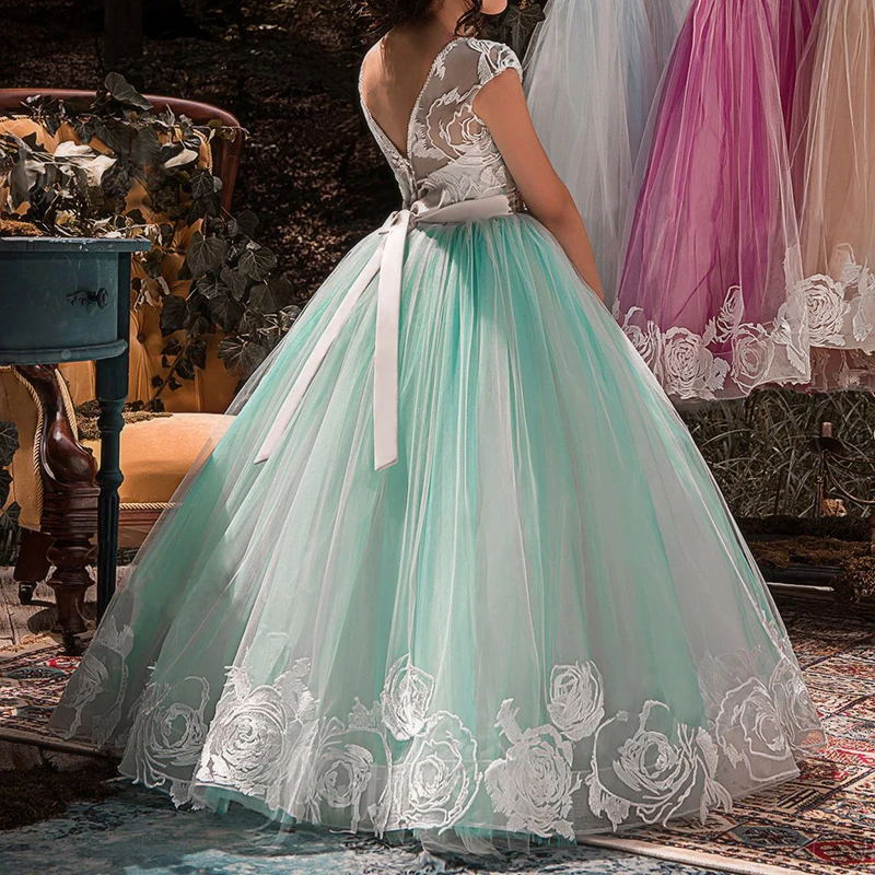 

Elegant Kids Girl Long Dresses 4 6 8 10 to 12 14 Years Pearls Light Green Red Lace Party Ball Gown Girls Princess Costume 2A10A
