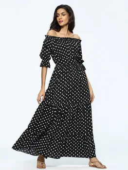 

2019 Women Summer Beach Long Dresses Ladies Black and White Polka Dot Off Shoulder Half Sleeve Tie Waist A Line Maxi Dress