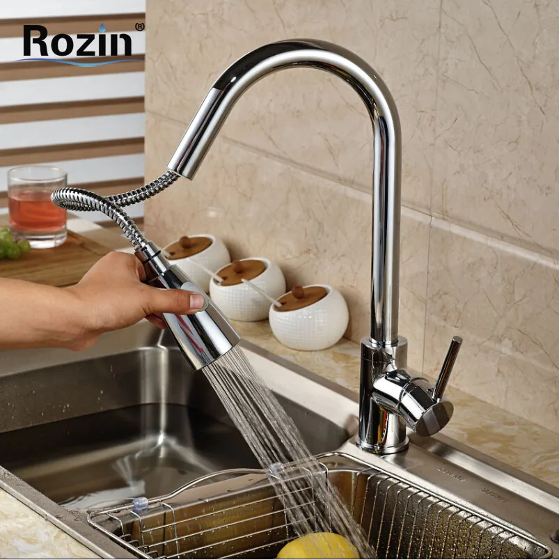 Single Handles Pull Out Spout Kitchen Sink Faucet Deck Mount Brass Dual Sprayer Nozzle Kitchen Mixer