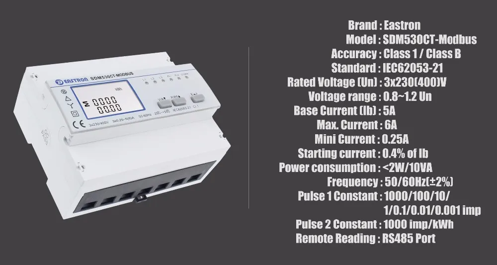 SDM530CT-Modbus 1A/5A CT подключен трехфазный четыре провод Din Rail счетчик электроэнергии, RS485 Modbus RTU и импульсный Выход с сертификатом соответствия CE