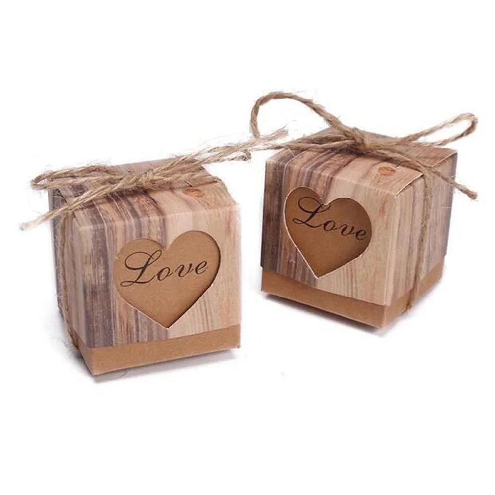 

50pcs Heart In Love Rustic Kraft Imitation Bark Candy Box with Burlap Chic Vintage Wedding Favor Gift Boxes 5*5*5CM pacco regalo