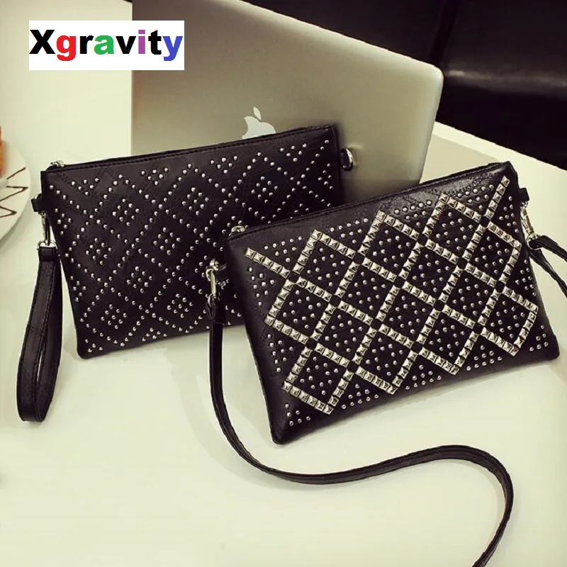 

Xgravity 2019 New Fashion Unique Rivets Women Bags Elegant PU Clutches Envelope Leisure Women Messenger Bags Black Girls H105