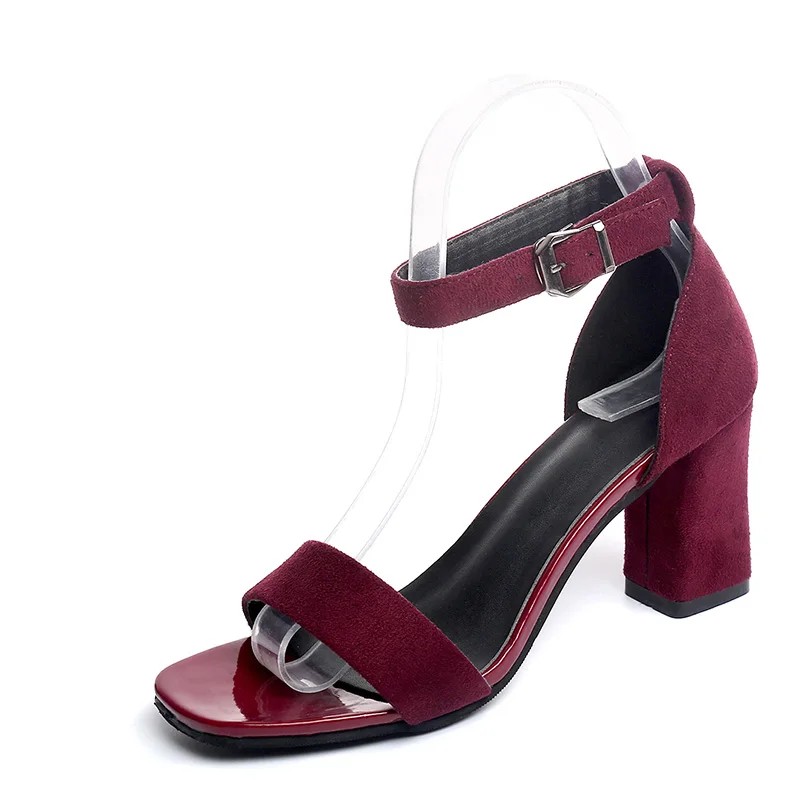 Ремешок на щиколотке на каблуке женские босоножки Летние женские туфли с открытым носком высокий толстый каблук Сандалии под платье, для вечеринки большой размер 40 - Цвет: Бордовый