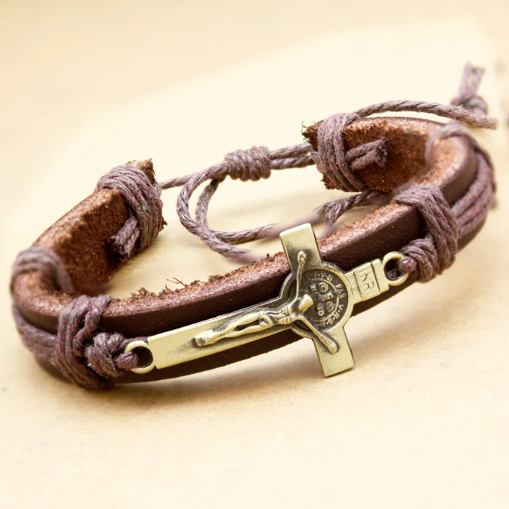 Catholic Religious Cross Crucifix Bible Medal Leather Bracelets For
