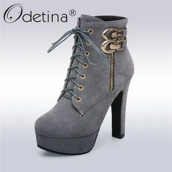 

Odetina New Fashion Winter Sexy Women Platform Boots Extreme High Heels 12cm Zipper Metal Buckle Lace Up Ankle Boots Big Size 50