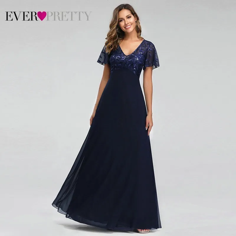 Evening Dresses Long Ever Pretty EZ07706 Elegant Navy Blue A-line Short Sleeve Chiffon Lace Embroidery Party Gowns for Wedding