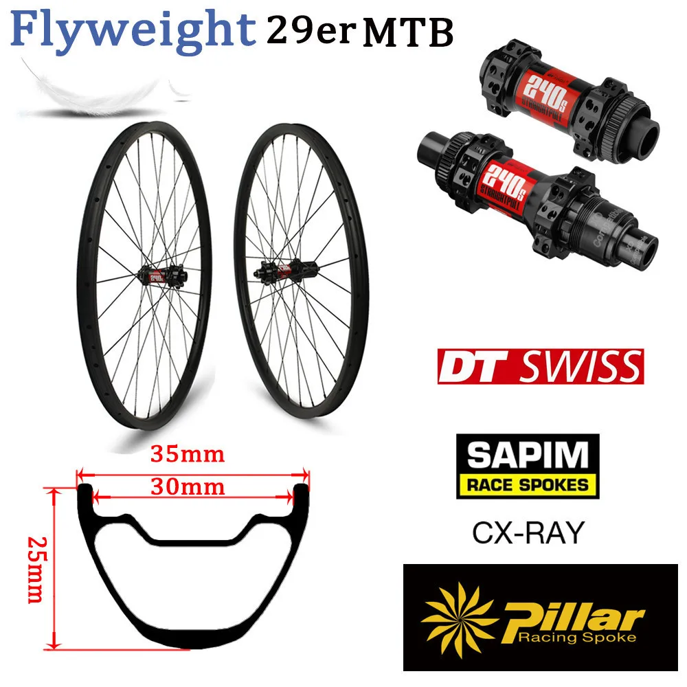 Лидирующий DT Swiss 240 MTB Колесная 29er карбоновое колесо для горного велосипеда, бескамерное готовое XC ободное колесо без крючка 355g только с Sapim Спицы