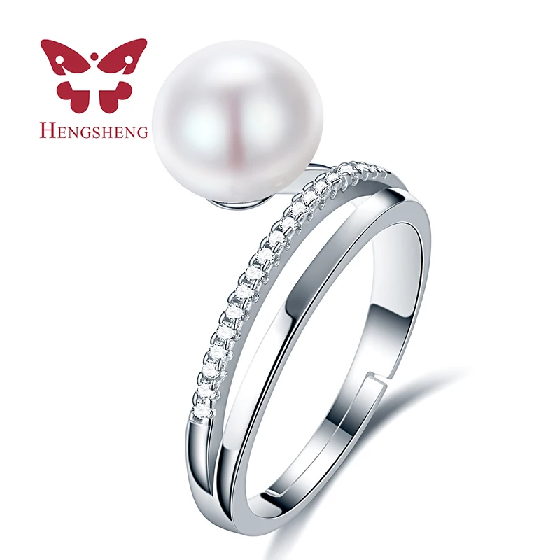 

HENGSHENG New Freshwater Pearl Double Ring For Women Gift, White Strong Light Ring, Pearl Size 9-10mm
