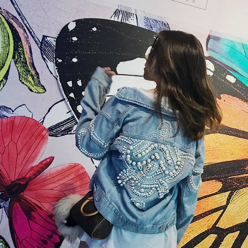 

New style Pearl Bead cowboy jacket version loose pearl embroidery European station jacket jacket female.