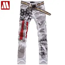 Новая мода флаг США печати мужские прямые джинсы ноги повседневное мыть хлопок Мужские джинсы slim fit Мужской мотобрюки C438