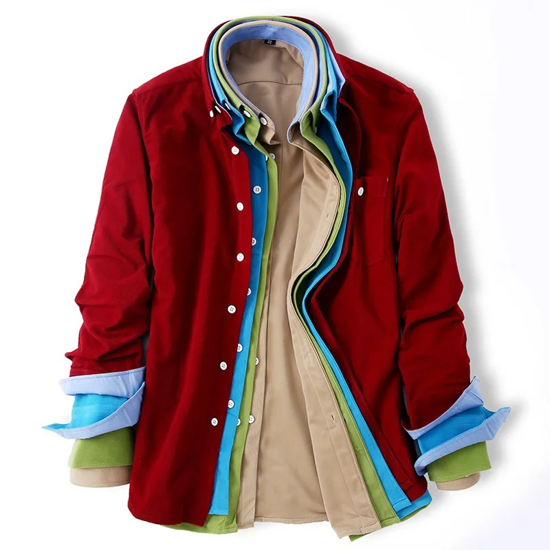 Prix 2018 Printemps automne Classique Rétro Hommes En Velours Côtelé Couleur Unie Chemises À Manches Longues Hommes Chemise Décontractée Style Coréen Homme De Mode Chemises