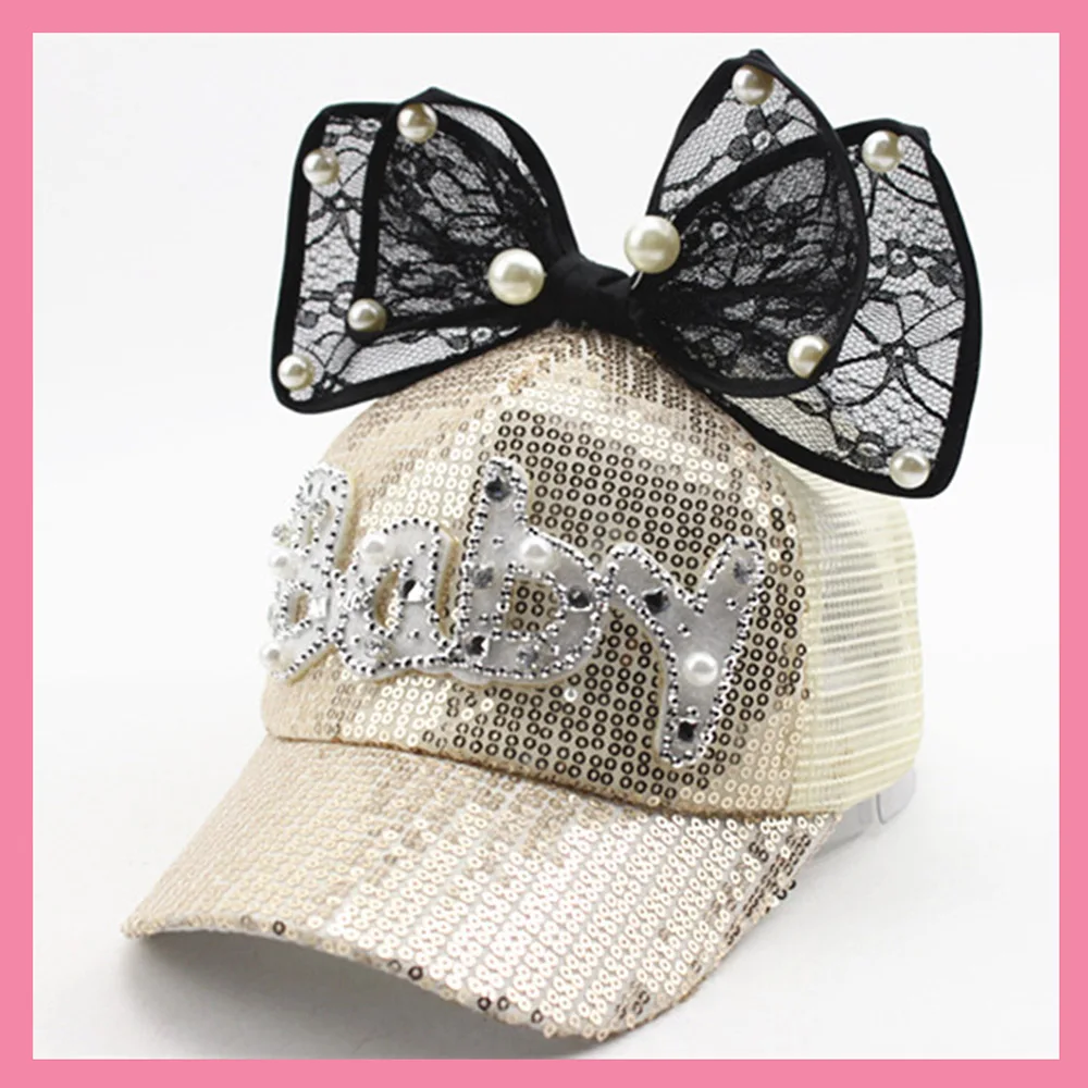 

2019 New 3-8 Years Old Spring And Summer Girls Baseball Cap Visor Pearl Bow Cute Fun Letters Children Baseball Cap Flashing Hat