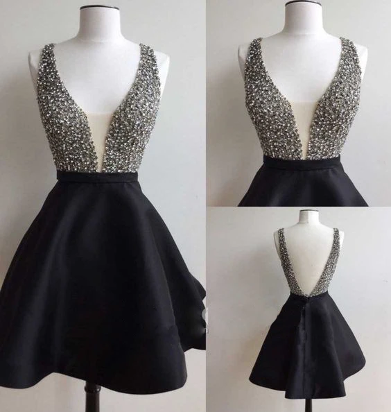 

New Black Luxury Beaded Deep V-Neck Prom Dress Short Evening Dress Sexy Backless Party Dress Formal Dress Cocktail Dresses 2019