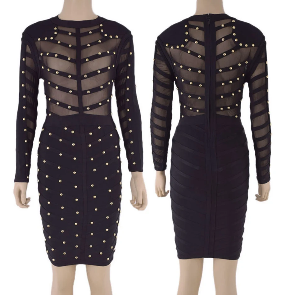 New Winter Celebrity Party Bandage Dress Women Knee Length Bodycon Dresses Sexy Mesh Long Sleeve Beaded Dresses