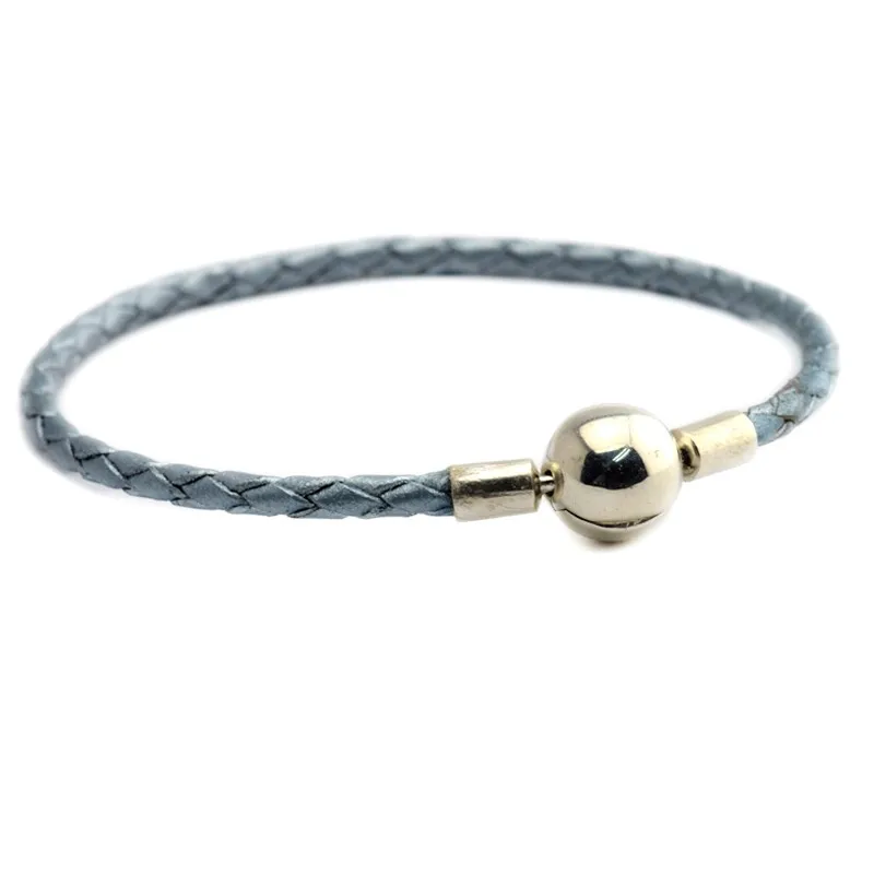 

Light Blue Leather Bracelet 925 Sterling Silver Round Clasp Charm Bracelets for Women DIY Jewelry pulseras mujer