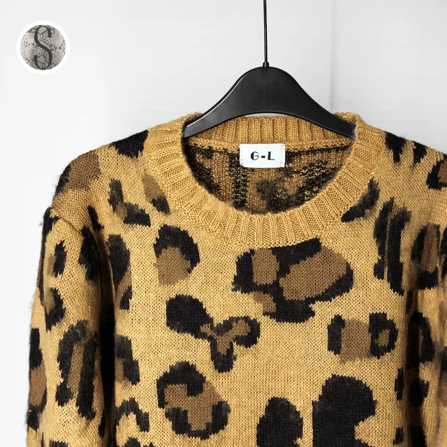 Leopard Print Cashmere Sweater Women Pullover Mohair Sweater Korean Long Sleeve Knit Pullovers O-Neck Winter Warm Jumper Tops