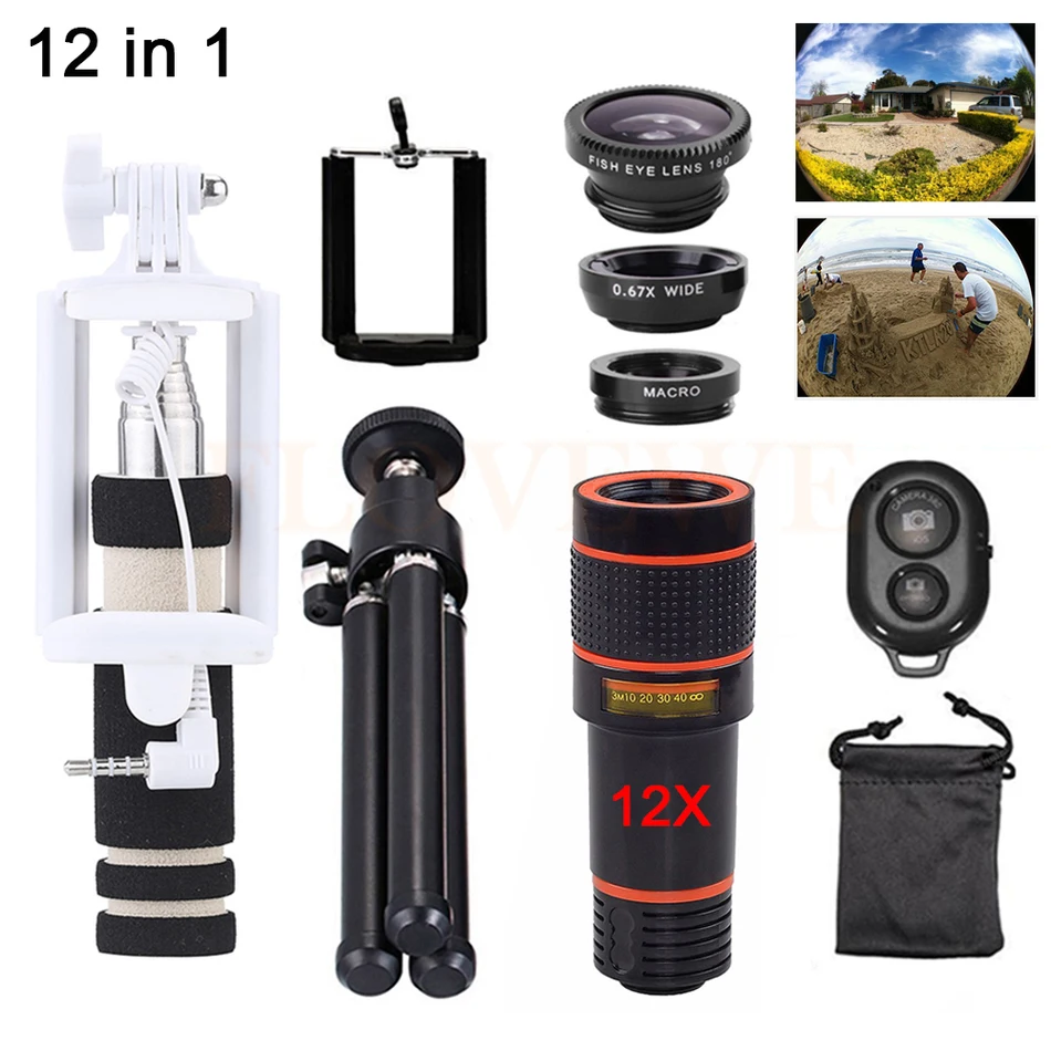 

12in1 Phone Lenses Kit 12X Telephoto Zoom Lens Microscope Telescope+Tripod+Fisheye Wide Angle Macro Lentes For Smartphone Tripod