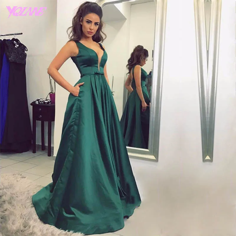 

YQLNNE Green Long Prom Dresses Satin Evening Gown Vestido De Festa