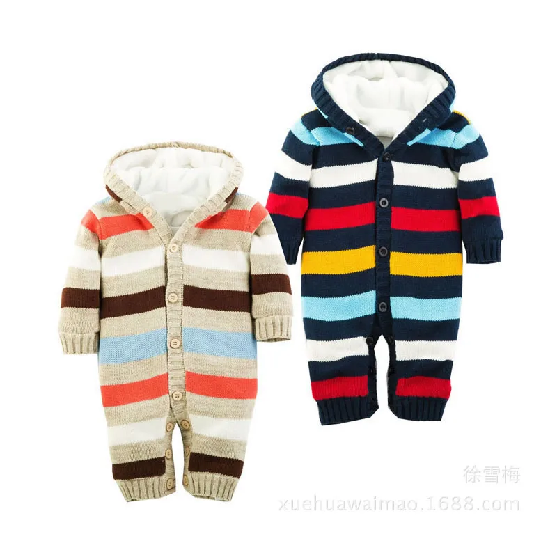 

2018 New arrival Baby Boy Romper Winter Clothes Striped Thickening Baby Rompers Baby Girl Coverall Hooded Rompers freeshipping