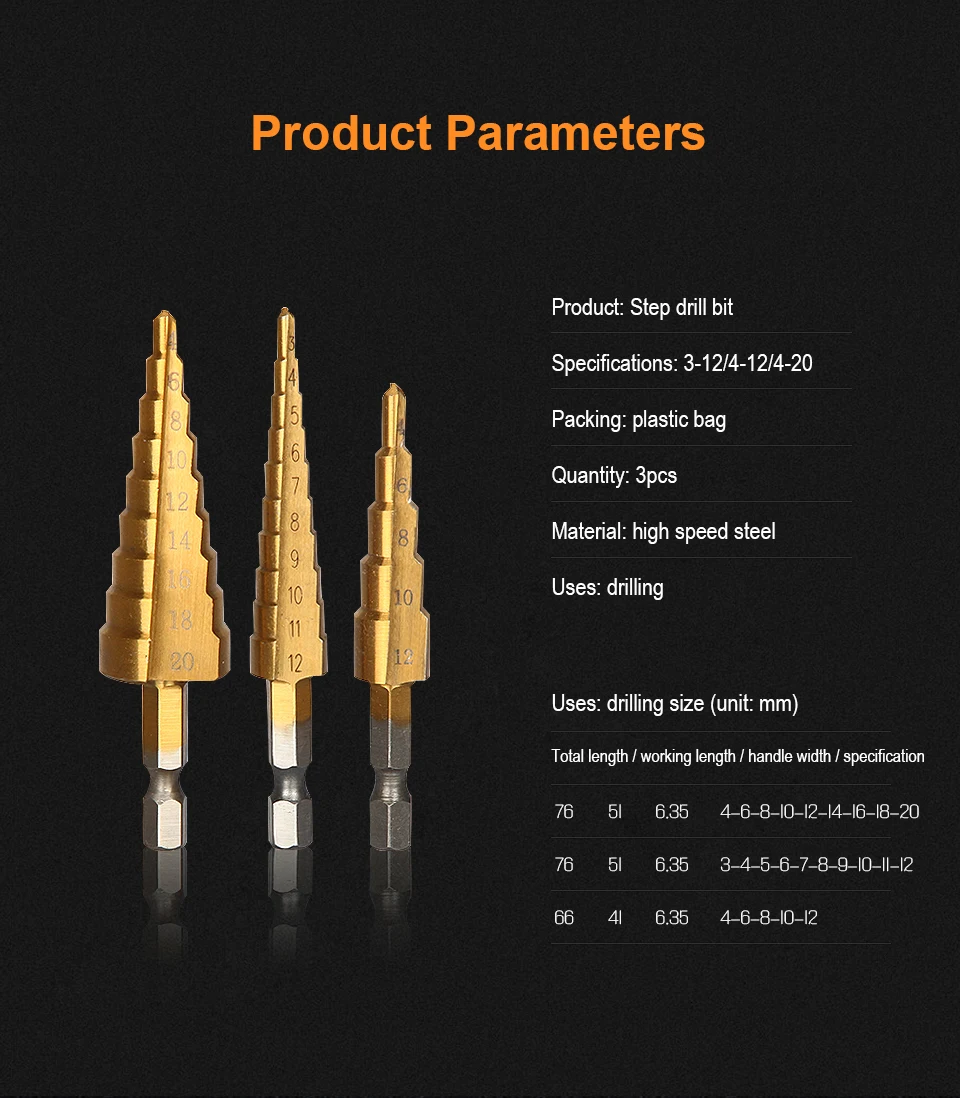 JelBo 3 шт./компл. HSS шаг сверла, 3-12/4-12/4 мм-20 мм шестигранный вал привод быстрое изменение титанового металла Дрель Инструменты Бит Комплект