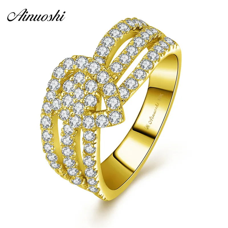 

AINUOSHI 10k Solid Yellow Gold Heart Ring Wedding Engagement Jewelry Elegant Bridal Band 3 Rows Drill Shinning Hollow Heart Ring