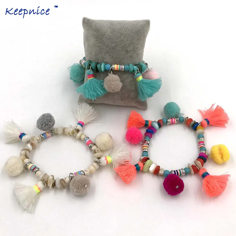 Браслеты с помпонами Boho цветной браслет кисточками из хлопка камнями и бусинами