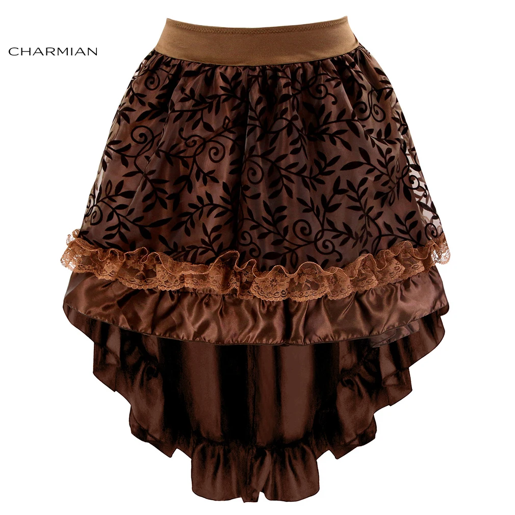 Charmian Женская стимпанк Готическая винтажная юбка черная Цветочная высокая низкая юбка Сексуальная Свадебная вечеринка кружевная юбка на молнии - Цвет: Brown