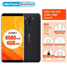 Смартфон с полным экраном Ulefone power 3 6," 18:9, 6080 мАч, 5 В/3 А, Восьмиядерный процессор MT6763, 6 ГБ, 64 ГБ, четыре камеры, 21 Мп+ 5 МП, Android 7,1, Face ID