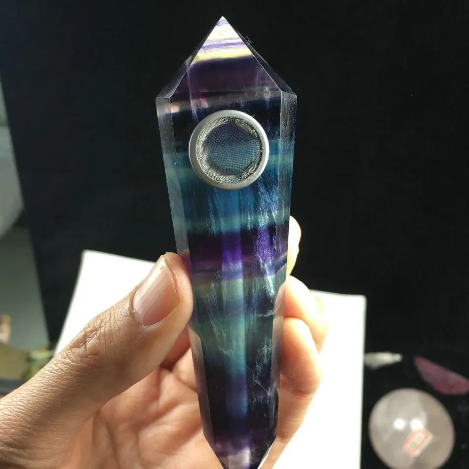 

Nice Colour Semi Precious Stone Natural Fluorite Crystal Smoking Pipe Carved Healing Cigarette + strainer,CDHC