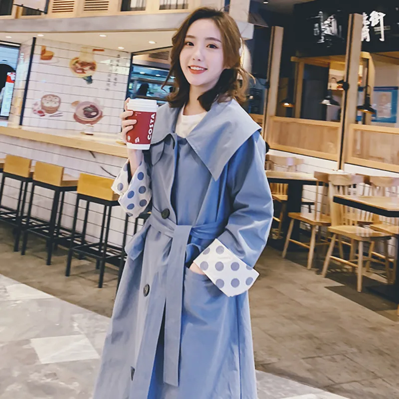 

LANMREM 2019 Spring Clothes New Pattern Korea Dot Print Contrast Color Cuff Lapel Windbreaker For Women Loose Long Coat YG802