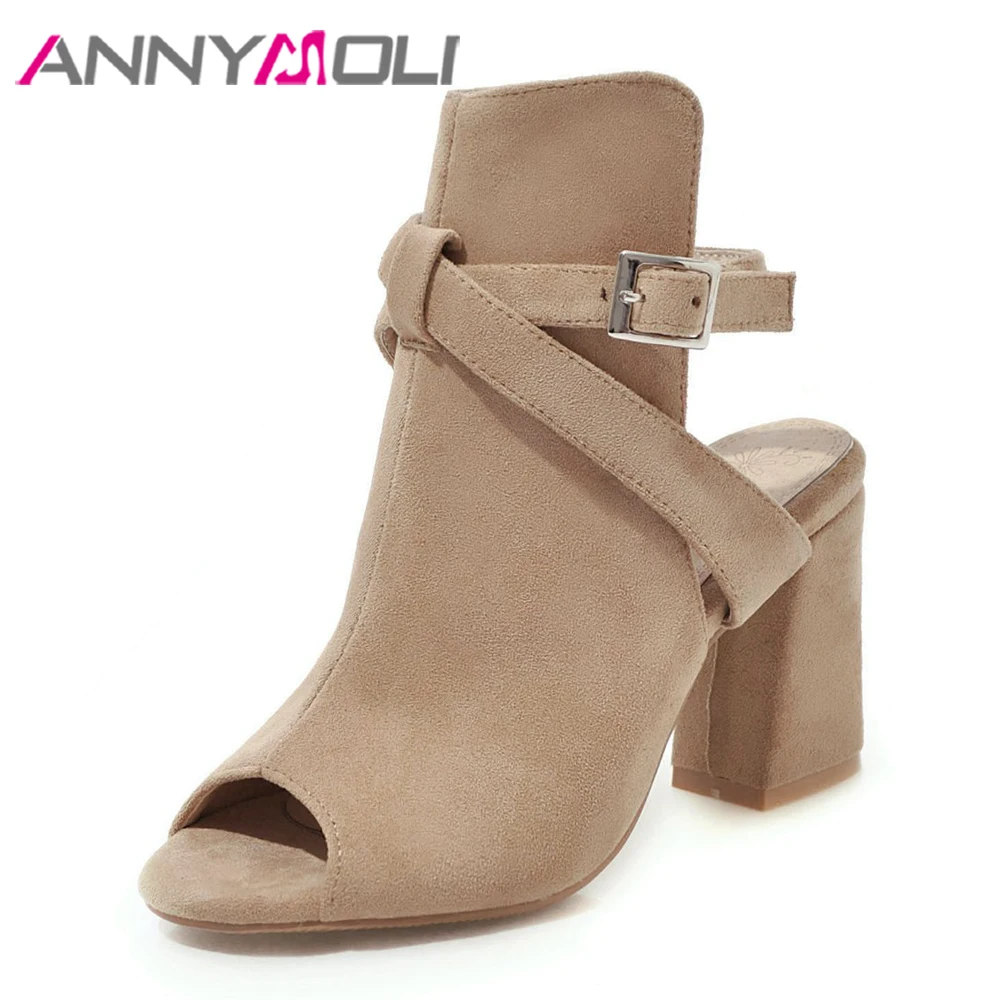 

ANNYMOLI Women Gladiator Sandals Summer Shoes Cross-tied Square High Heel Shoes Buckle Peep Toe Ladies Sandals Pink Big Size 43