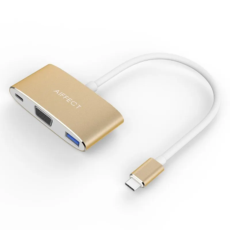 AIFFECT Тип C к VGA адаптер конвертер зарядки USB3.1 Тип C VGA 3 в 1 USB хаб для Pro Телефон Macbook клавиатуры HD Мышь - Цвет: Gold