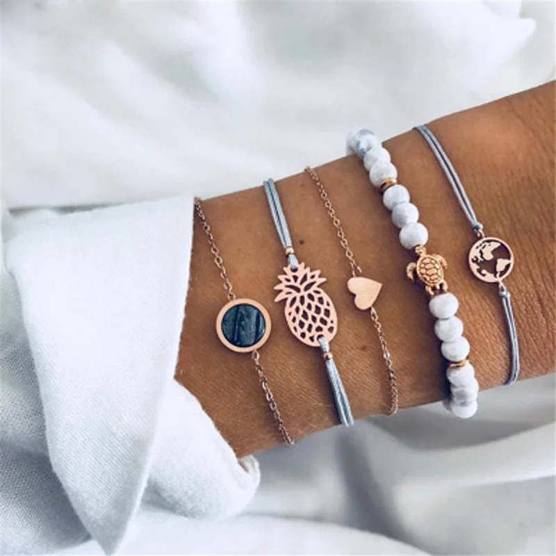 

Ubuhle Boho Turtle Map Bracelets Heart Pineapple Wave Crystal Marble Charm Bracelets for Women Fashion Tassel Bracelet Jewelry